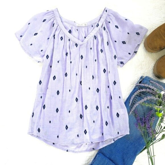 Women’s Lavender Boho Peasant Blouse Size Large Short Flowy Sleeve V-Neck Casual - Picture 1 of 13